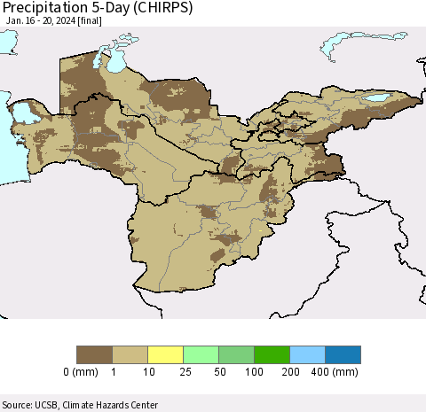 Central Asia Precipitation 5-Day (CHIRPS) Thematic Map For 1/16/2024 - 1/20/2024
