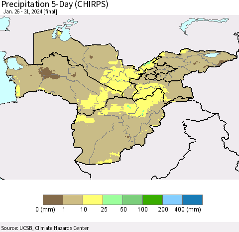 Central Asia Precipitation 5-Day (CHIRPS) Thematic Map For 1/26/2024 - 1/31/2024