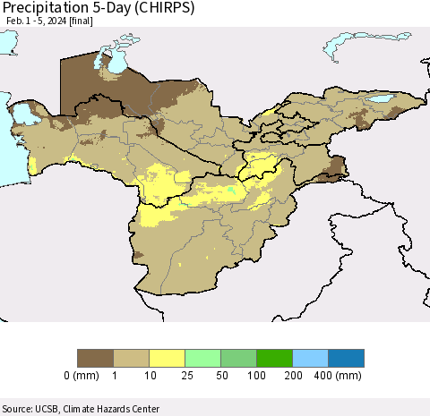 Central Asia Precipitation 5-Day (CHIRPS) Thematic Map For 2/1/2024 - 2/5/2024