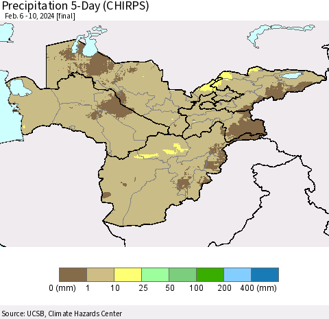 Central Asia Precipitation 5-Day (CHIRPS) Thematic Map For 2/6/2024 - 2/10/2024