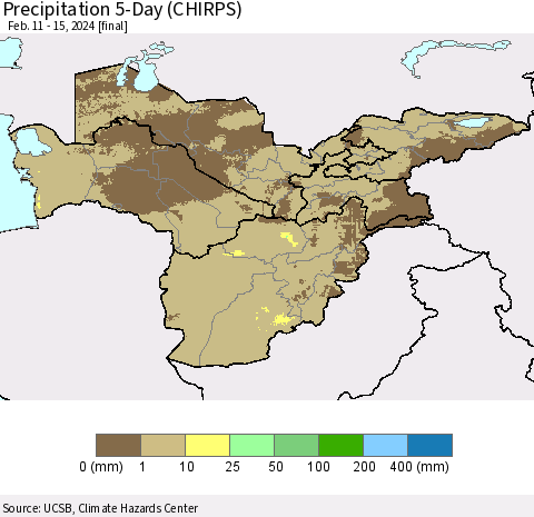 Central Asia Precipitation 5-Day (CHIRPS) Thematic Map For 2/11/2024 - 2/15/2024