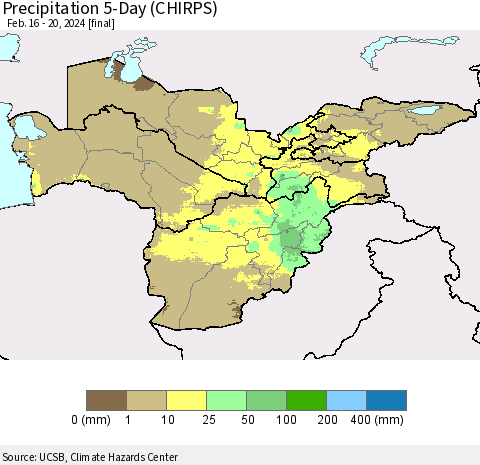 Central Asia Precipitation 5-Day (CHIRPS) Thematic Map For 2/16/2024 - 2/20/2024