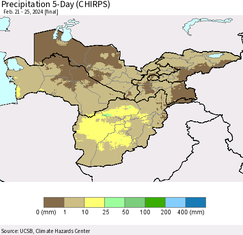 Central Asia Precipitation 5-Day (CHIRPS) Thematic Map For 2/21/2024 - 2/25/2024
