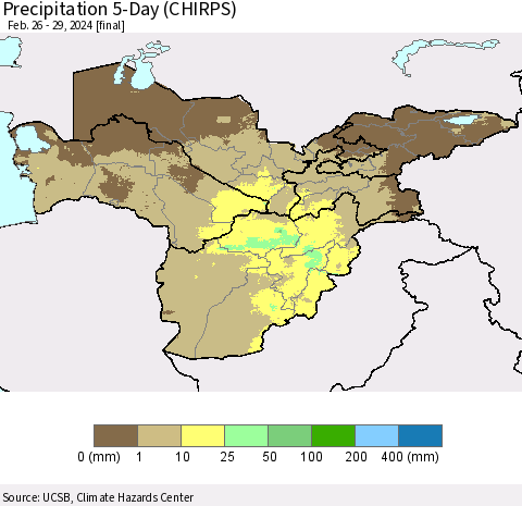 Central Asia Precipitation 5-Day (CHIRPS) Thematic Map For 2/26/2024 - 2/29/2024