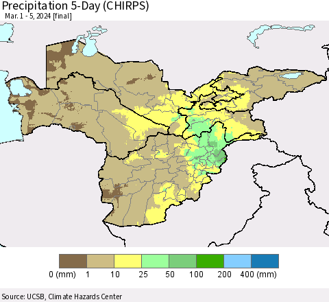 Central Asia Precipitation 5-Day (CHIRPS) Thematic Map For 3/1/2024 - 3/5/2024