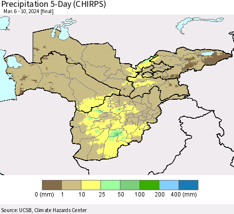 Central Asia Precipitation 5-Day (CHIRPS) Thematic Map For 3/6/2024 - 3/10/2024