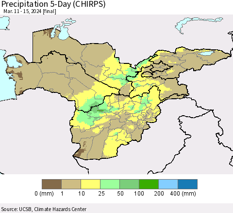 Central Asia Precipitation 5-Day (CHIRPS) Thematic Map For 3/11/2024 - 3/15/2024