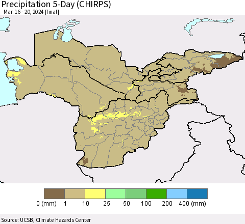 Central Asia Precipitation 5-Day (CHIRPS) Thematic Map For 3/16/2024 - 3/20/2024