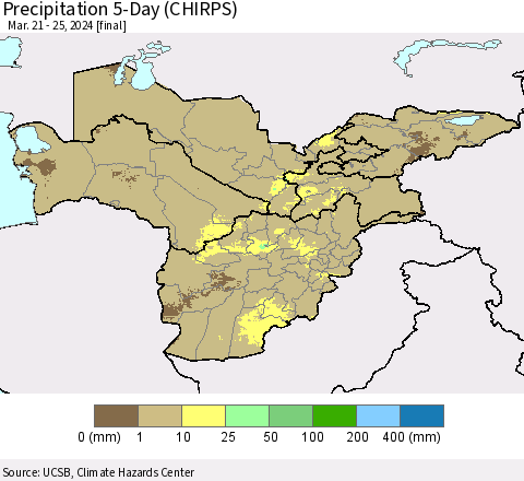 Central Asia Precipitation 5-Day (CHIRPS) Thematic Map For 3/21/2024 - 3/25/2024