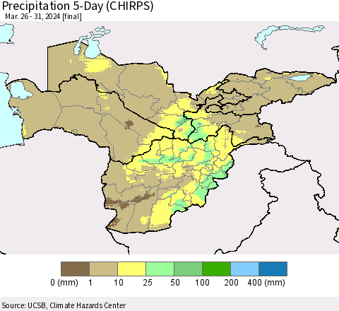 Central Asia Precipitation 5-Day (CHIRPS) Thematic Map For 3/26/2024 - 3/31/2024