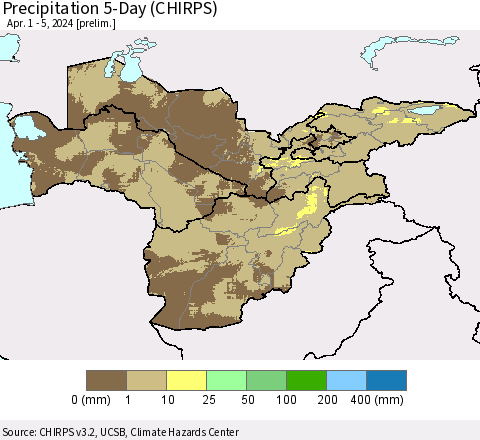 Central Asia Precipitation 5-Day (CHIRPS) Thematic Map For 4/1/2024 - 4/5/2024