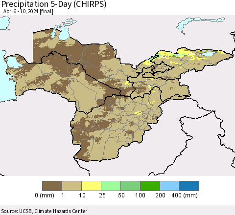 Central Asia Precipitation 5-Day (CHIRPS) Thematic Map For 4/6/2024 - 4/10/2024