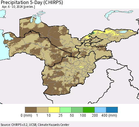 Central Asia Precipitation 5-Day (CHIRPS) Thematic Map For 4/6/2024 - 4/10/2024