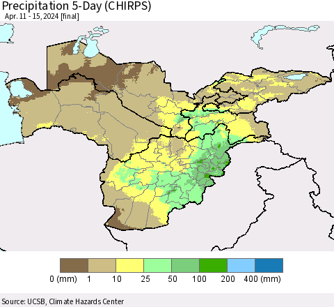 Central Asia Precipitation 5-Day (CHIRPS) Thematic Map For 4/11/2024 - 4/15/2024