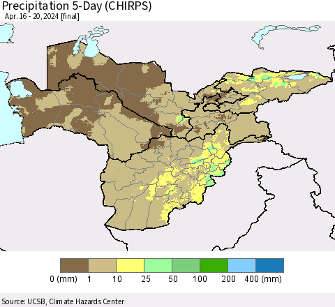 Central Asia Precipitation 5-Day (CHIRPS) Thematic Map For 4/16/2024 - 4/20/2024