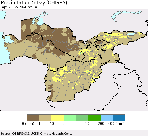Central Asia Precipitation 5-Day (CHIRPS) Thematic Map For 4/21/2024 - 4/25/2024