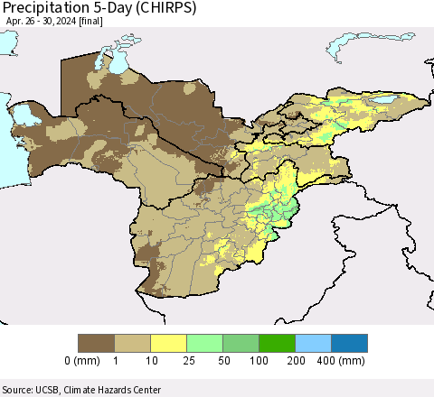 Central Asia Precipitation 5-Day (CHIRPS) Thematic Map For 4/26/2024 - 4/30/2024