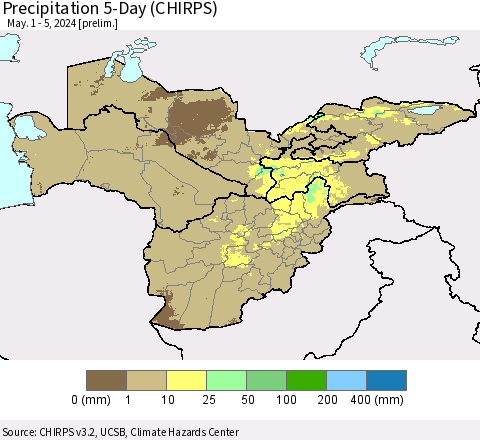 Central Asia Precipitation 5-Day (CHIRPS) Thematic Map For 5/1/2024 - 5/5/2024