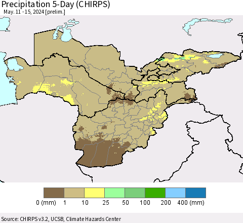 Central Asia Precipitation 5-Day (CHIRPS) Thematic Map For 5/11/2024 - 5/15/2024