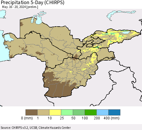 Central Asia Precipitation 5-Day (CHIRPS) Thematic Map For 5/16/2024 - 5/20/2024
