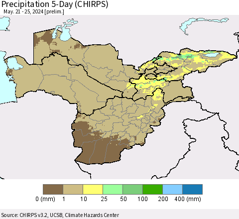 Central Asia Precipitation 5-Day (CHIRPS) Thematic Map For 5/21/2024 - 5/25/2024