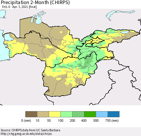 Central Asia Precipitation 2-Month (CHIRPS) Thematic Map For 2/6/2021 - 4/5/2021