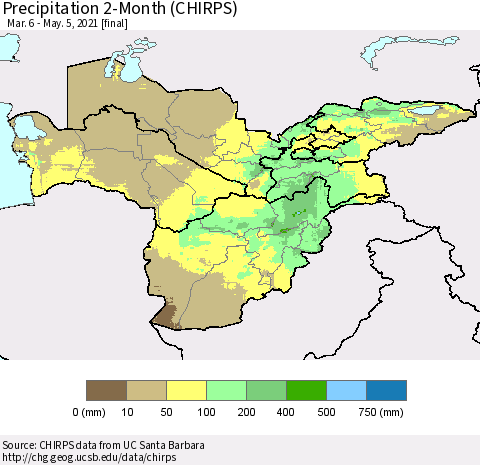 Central Asia Precipitation 2-Month (CHIRPS) Thematic Map For 3/6/2021 - 5/5/2021