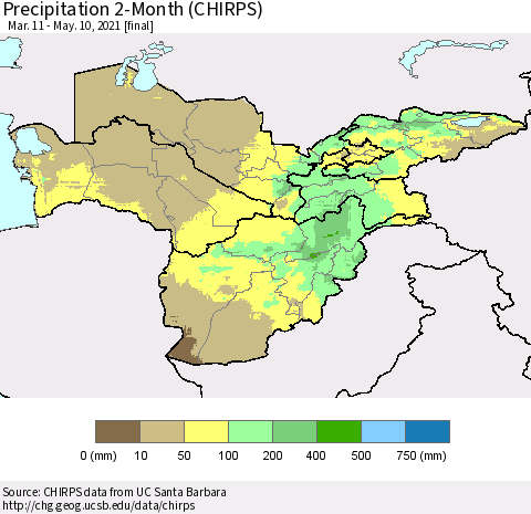Central Asia Precipitation 2-Month (CHIRPS) Thematic Map For 3/11/2021 - 5/10/2021