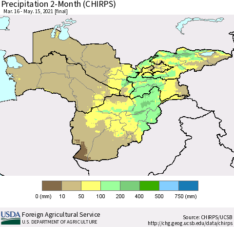 Central Asia Precipitation 2-Month (CHIRPS) Thematic Map For 3/16/2021 - 5/15/2021