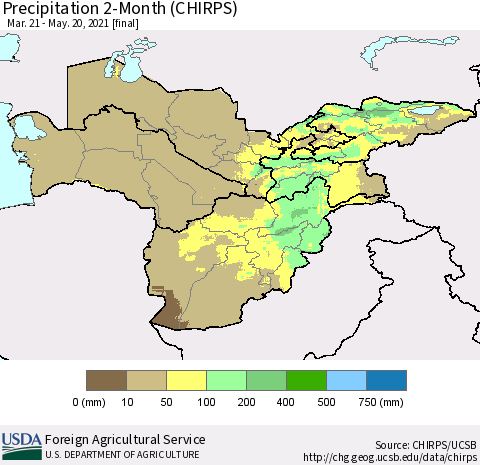 Central Asia Precipitation 2-Month (CHIRPS) Thematic Map For 3/21/2021 - 5/20/2021