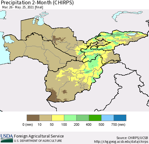Central Asia Precipitation 2-Month (CHIRPS) Thematic Map For 3/26/2021 - 5/25/2021