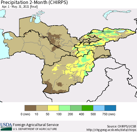 Central Asia Precipitation 2-Month (CHIRPS) Thematic Map For 4/1/2021 - 5/31/2021