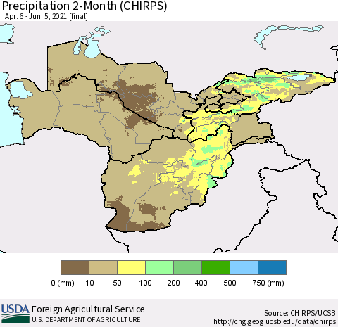 Central Asia Precipitation 2-Month (CHIRPS) Thematic Map For 4/6/2021 - 6/5/2021