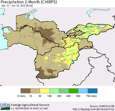 Central Asia Precipitation 2-Month (CHIRPS) Thematic Map For 4/11/2021 - 6/10/2021