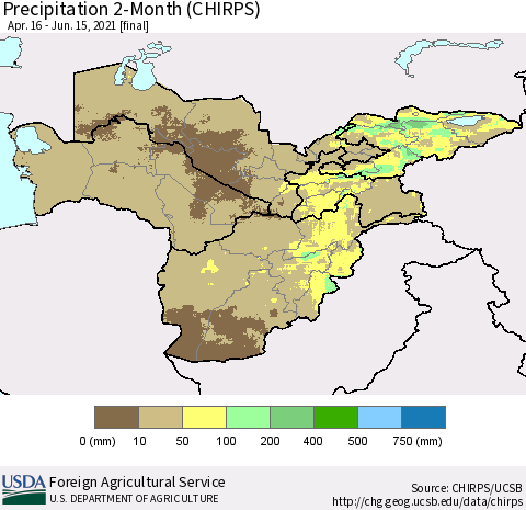 Central Asia Precipitation 2-Month (CHIRPS) Thematic Map For 4/16/2021 - 6/15/2021