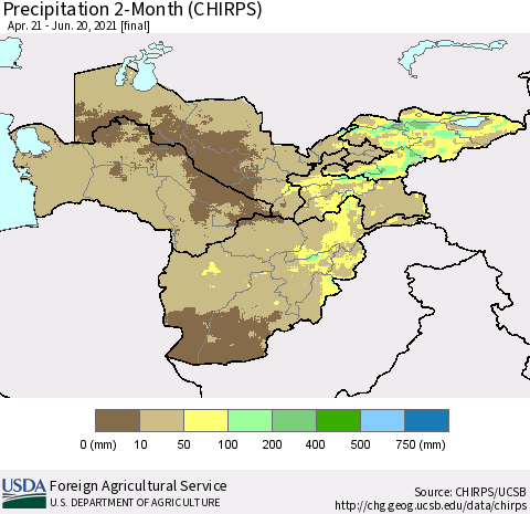 Central Asia Precipitation 2-Month (CHIRPS) Thematic Map For 4/21/2021 - 6/20/2021
