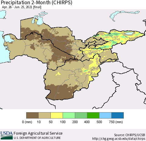 Central Asia Precipitation 2-Month (CHIRPS) Thematic Map For 4/26/2021 - 6/25/2021