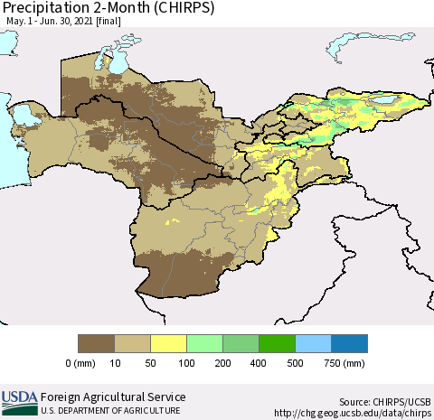 Central Asia Precipitation 2-Month (CHIRPS) Thematic Map For 5/1/2021 - 6/30/2021