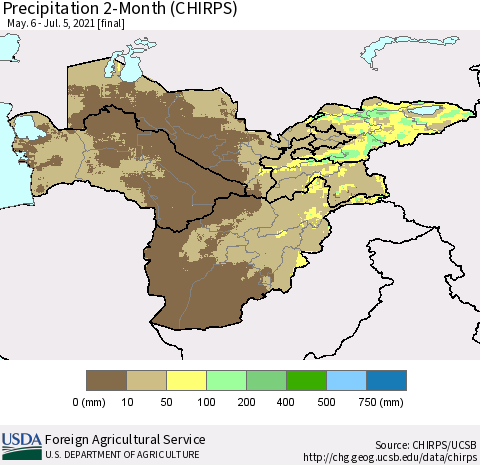 Central Asia Precipitation 2-Month (CHIRPS) Thematic Map For 5/6/2021 - 7/5/2021