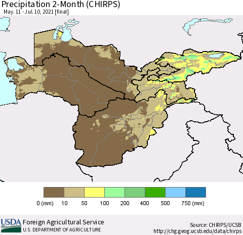 Central Asia Precipitation 2-Month (CHIRPS) Thematic Map For 5/11/2021 - 7/10/2021