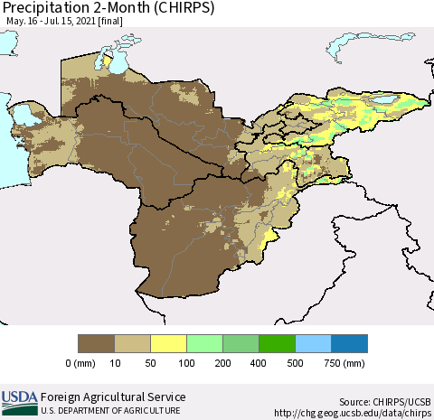 Central Asia Precipitation 2-Month (CHIRPS) Thematic Map For 5/16/2021 - 7/15/2021