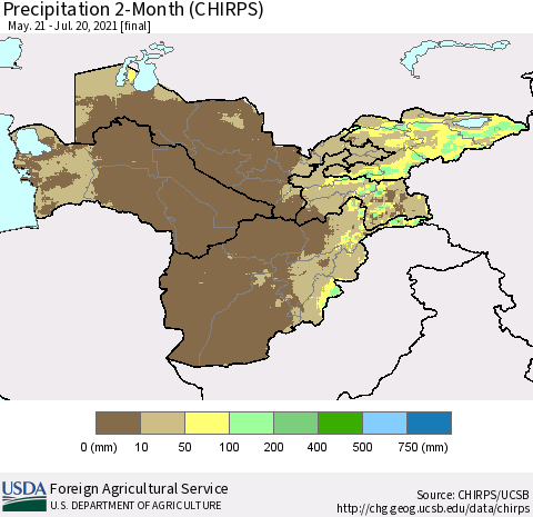 Central Asia Precipitation 2-Month (CHIRPS) Thematic Map For 5/21/2021 - 7/20/2021