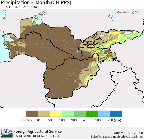 Central Asia Precipitation 2-Month (CHIRPS) Thematic Map For 6/1/2021 - 7/31/2021