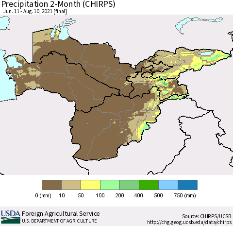 Central Asia Precipitation 2-Month (CHIRPS) Thematic Map For 6/11/2021 - 8/10/2021