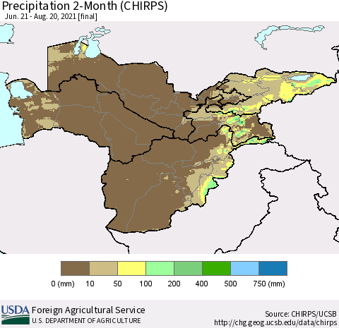 Central Asia Precipitation 2-Month (CHIRPS) Thematic Map For 6/21/2021 - 8/20/2021