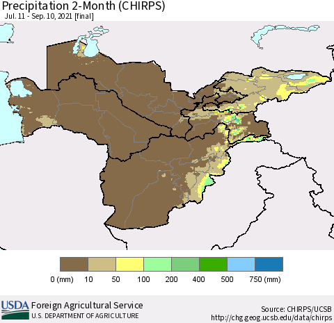 Central Asia Precipitation 2-Month (CHIRPS) Thematic Map For 7/11/2021 - 9/10/2021