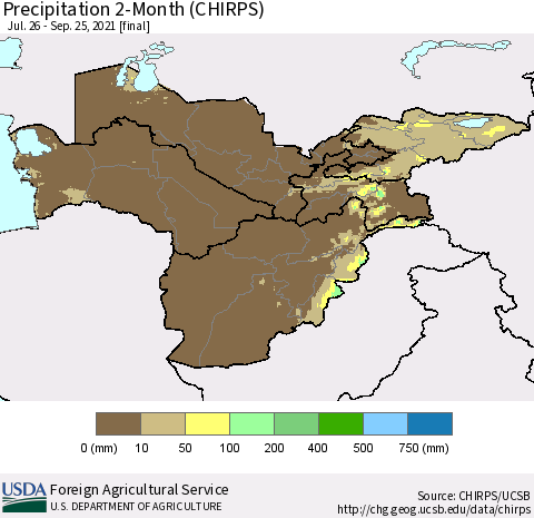 Central Asia Precipitation 2-Month (CHIRPS) Thematic Map For 7/26/2021 - 9/25/2021