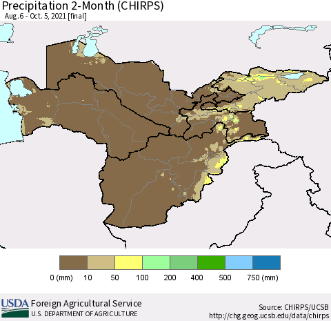 Central Asia Precipitation 2-Month (CHIRPS) Thematic Map For 8/6/2021 - 10/5/2021