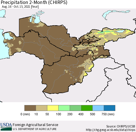 Central Asia Precipitation 2-Month (CHIRPS) Thematic Map For 8/16/2021 - 10/15/2021