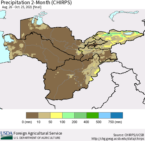 Central Asia Precipitation 2-Month (CHIRPS) Thematic Map For 8/26/2021 - 10/25/2021